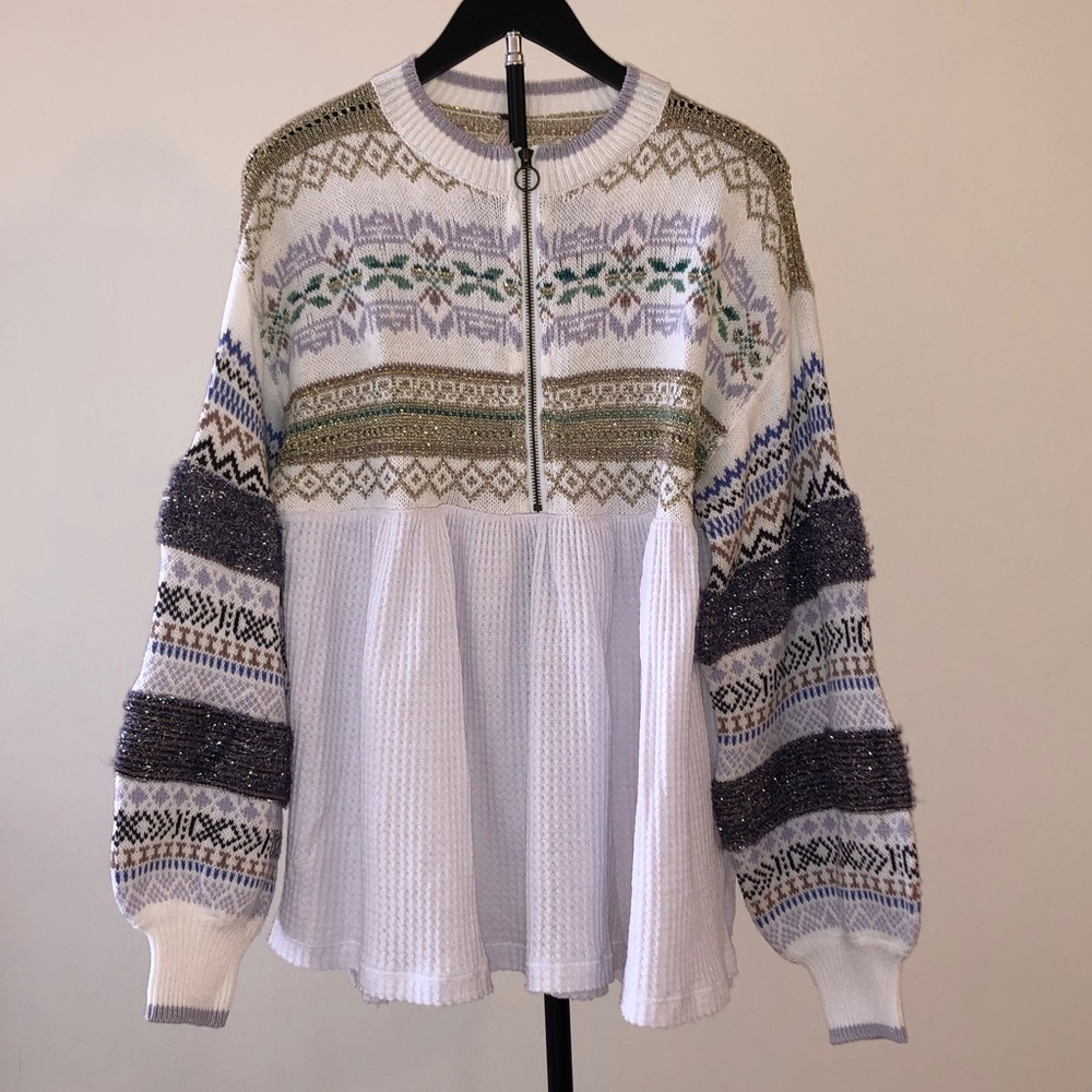 Free People Cozy Cottage Fever Fair Isle Metallic Sweater Tunic Top Glittery S
